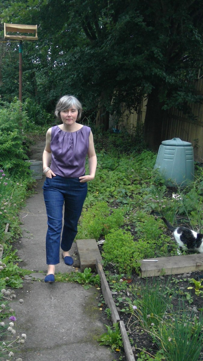 lilac blouse denim trews