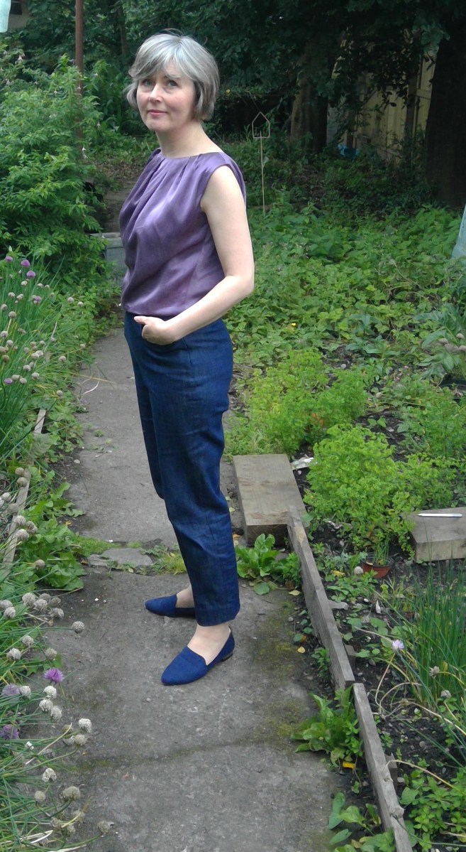 lilac blouse denim trews