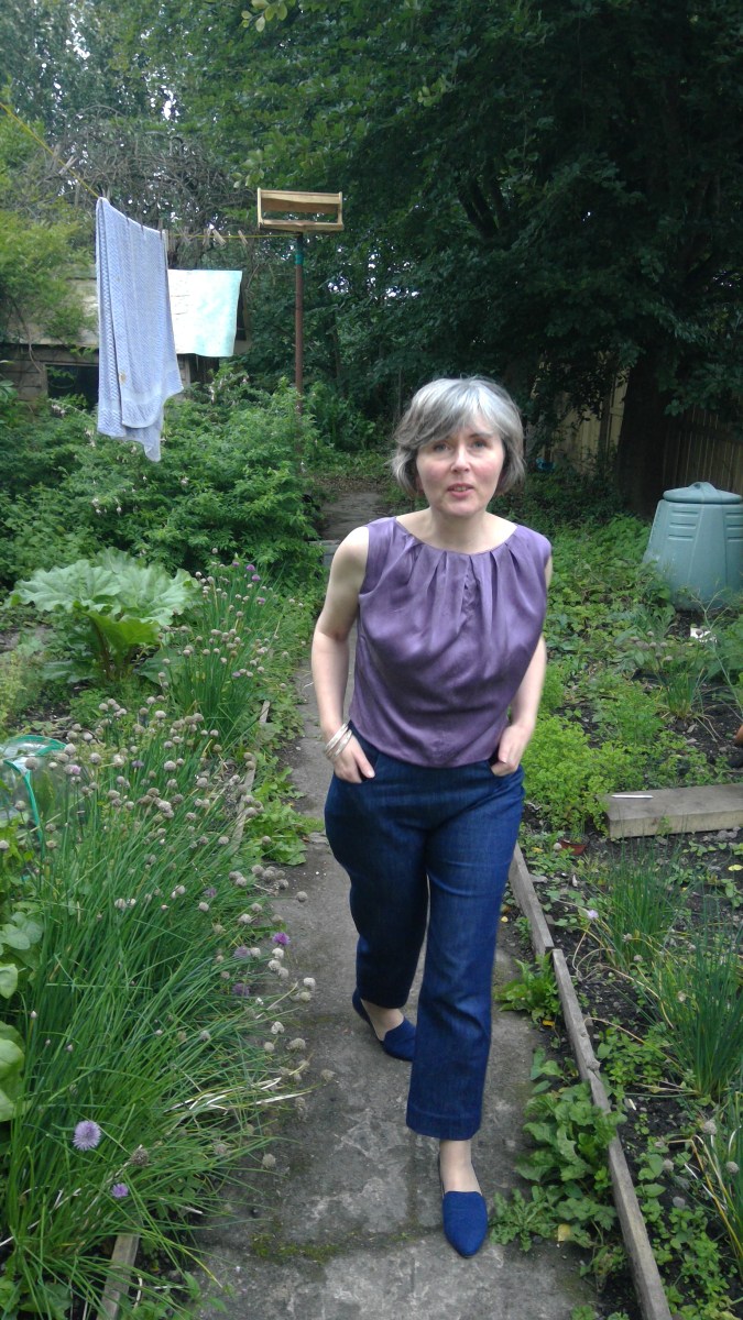 lilac blouse denim trews