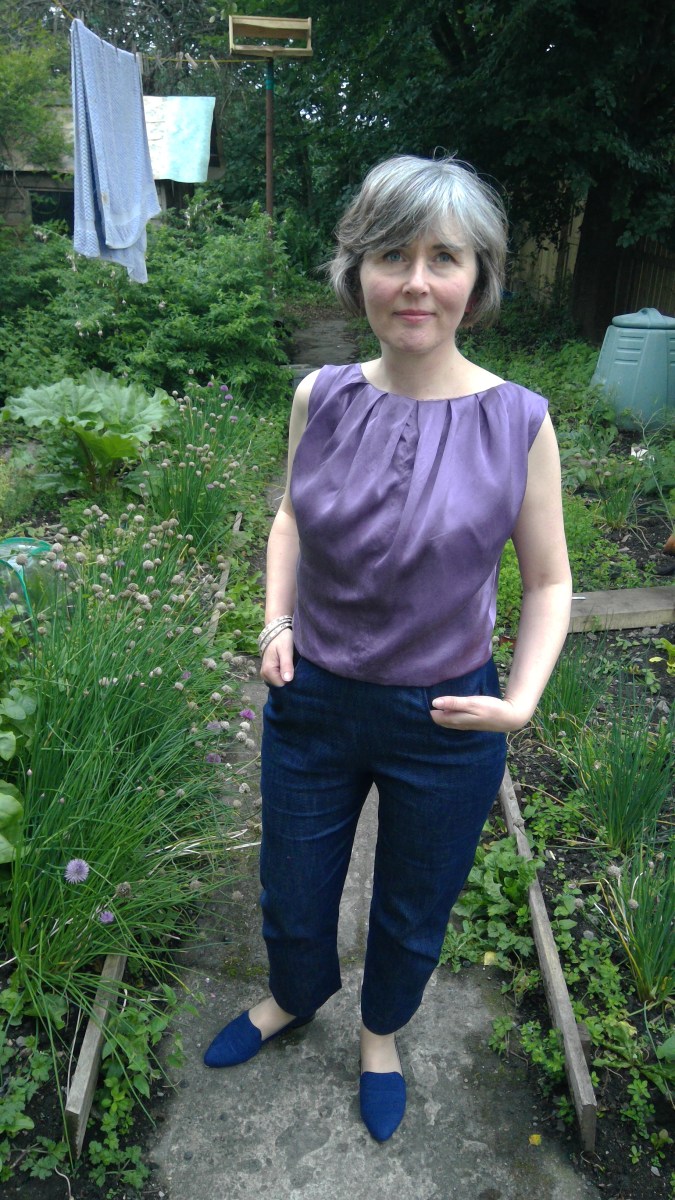 lilac blouse denim trews